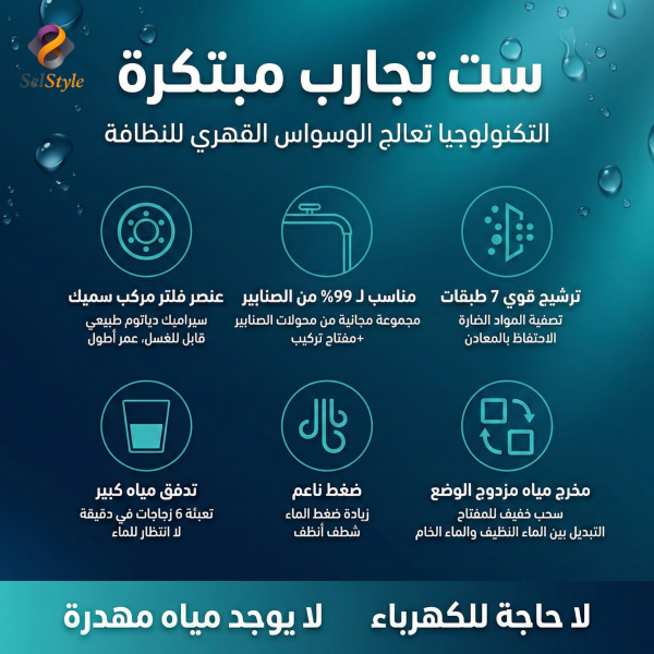 جهاز تنقية المياه  7 مراحل ،بدون تمديدات وبدون كهرباء للاستخدام المنزلي، سهل التركيب والاستعمال (خصم 25%)